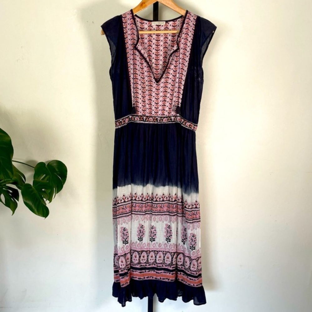 Ulla Johnson 8 Navy & Purple 100% Cotton Boho Flowy MIDI Dress